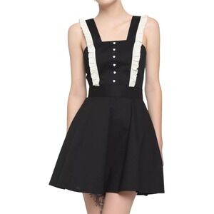 Hot Topic Dress Medium Black Cream Ruffle Heart Button Fit Flare Skater Pockets